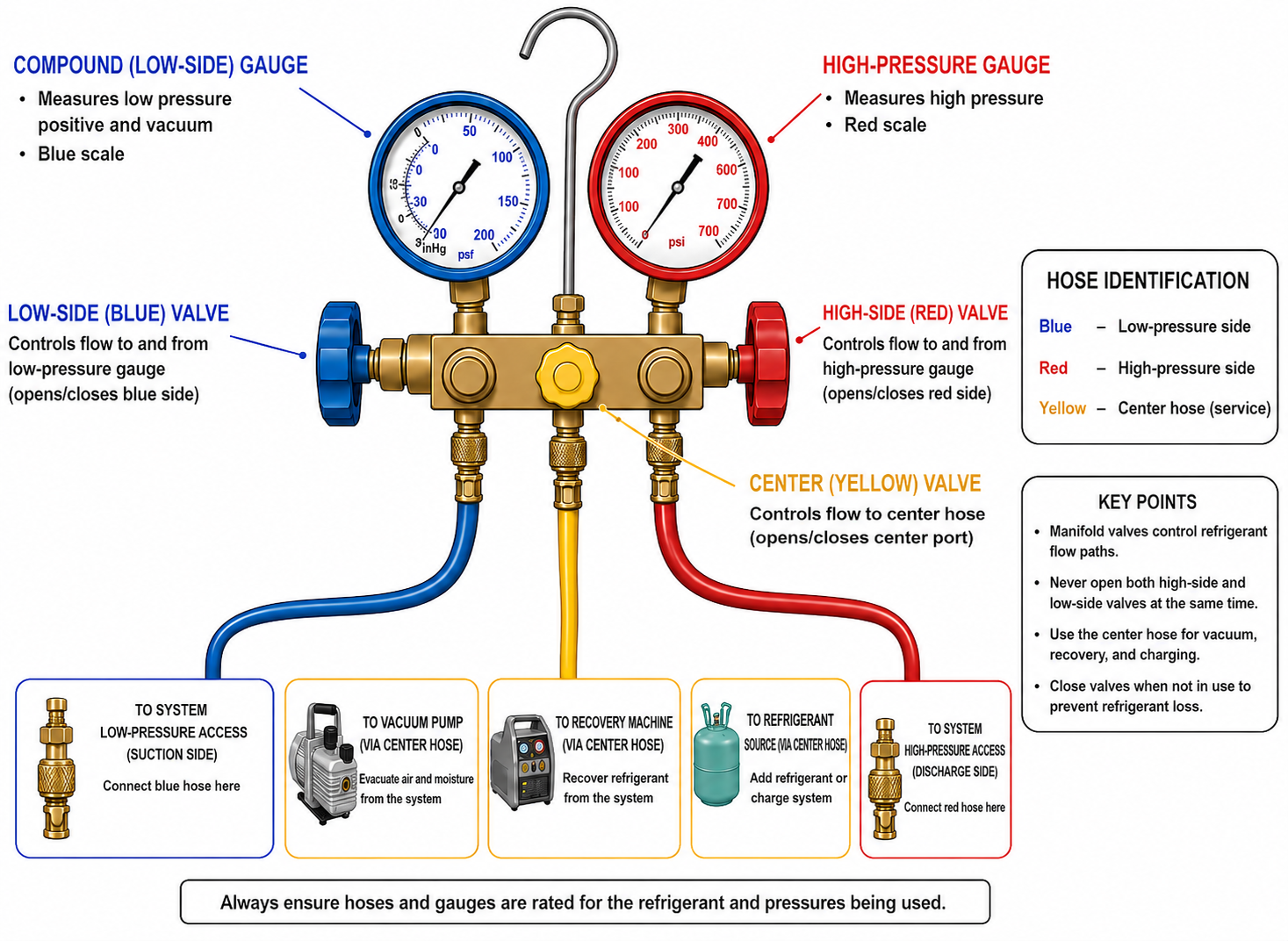 Labeled two-valve refrigeration manifold gauge set with compound gauge on the low side high-pressure gauge on the high side low and high manifold valves low-side and high-side service hoses center service hose and low-loss fittings
